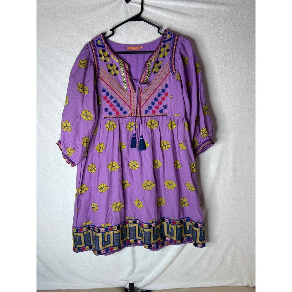 Oliphant Purple Embroidered Tunic Cotton Mini Dress Boho Tassel Shift Resort Med